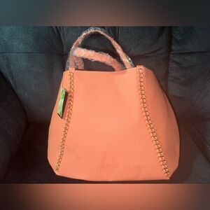 Badgley Mischka Vegan Leather Tote bag in Coral. Gold chain details on the front